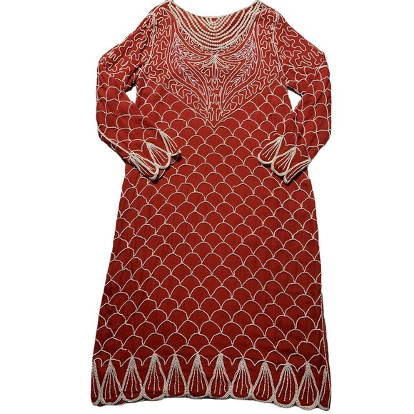 Womens S/M Red & White Fully Beaded 100% Pure Silk Midi Dress - Picture 1 of 15